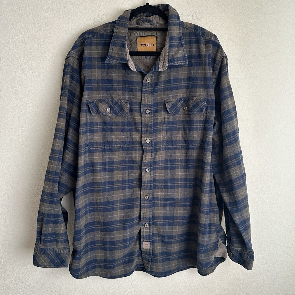Venado Flannel Shirt Mens 3XL Blue Gray Plaid Corduroy Trim Stretch Cotton